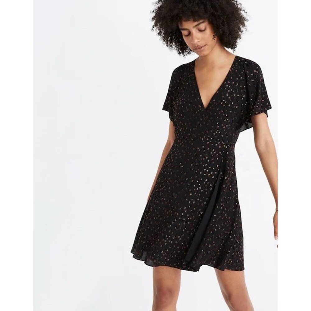 Madewell Faux Wrap Mini Dress Women 4 Black Orange Metallic Filcoupe FSleeve